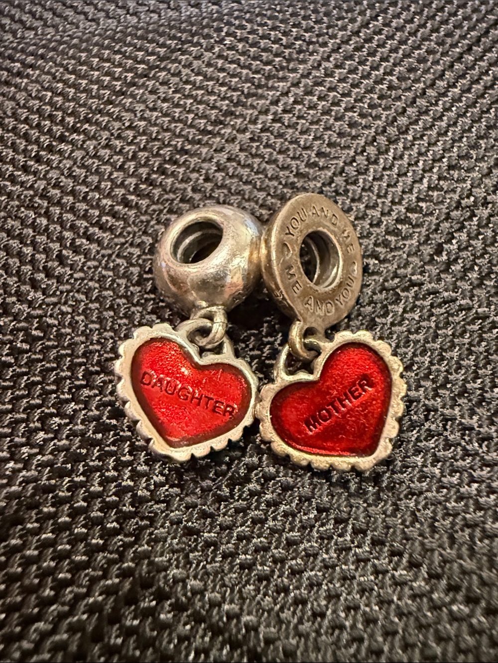 Pandora Textured Dangle Heart Mother ❤️ Daughter Charms in Silver Tone